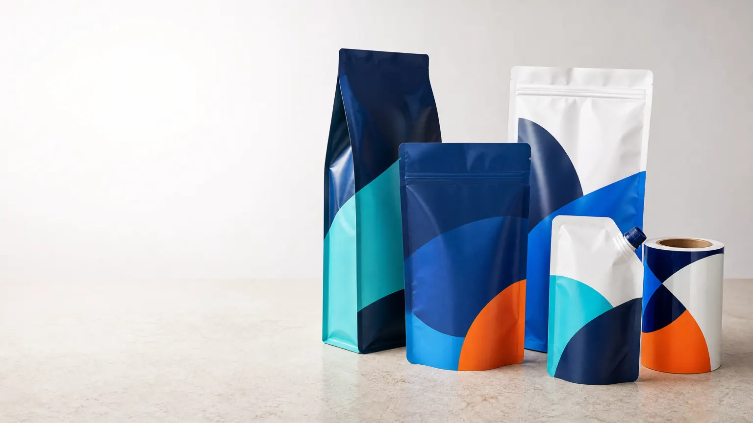 Unbranded flexible packaging formats including stand-up pouch, flat bottom pouch, side gusset bag, spout pouch and rollstock