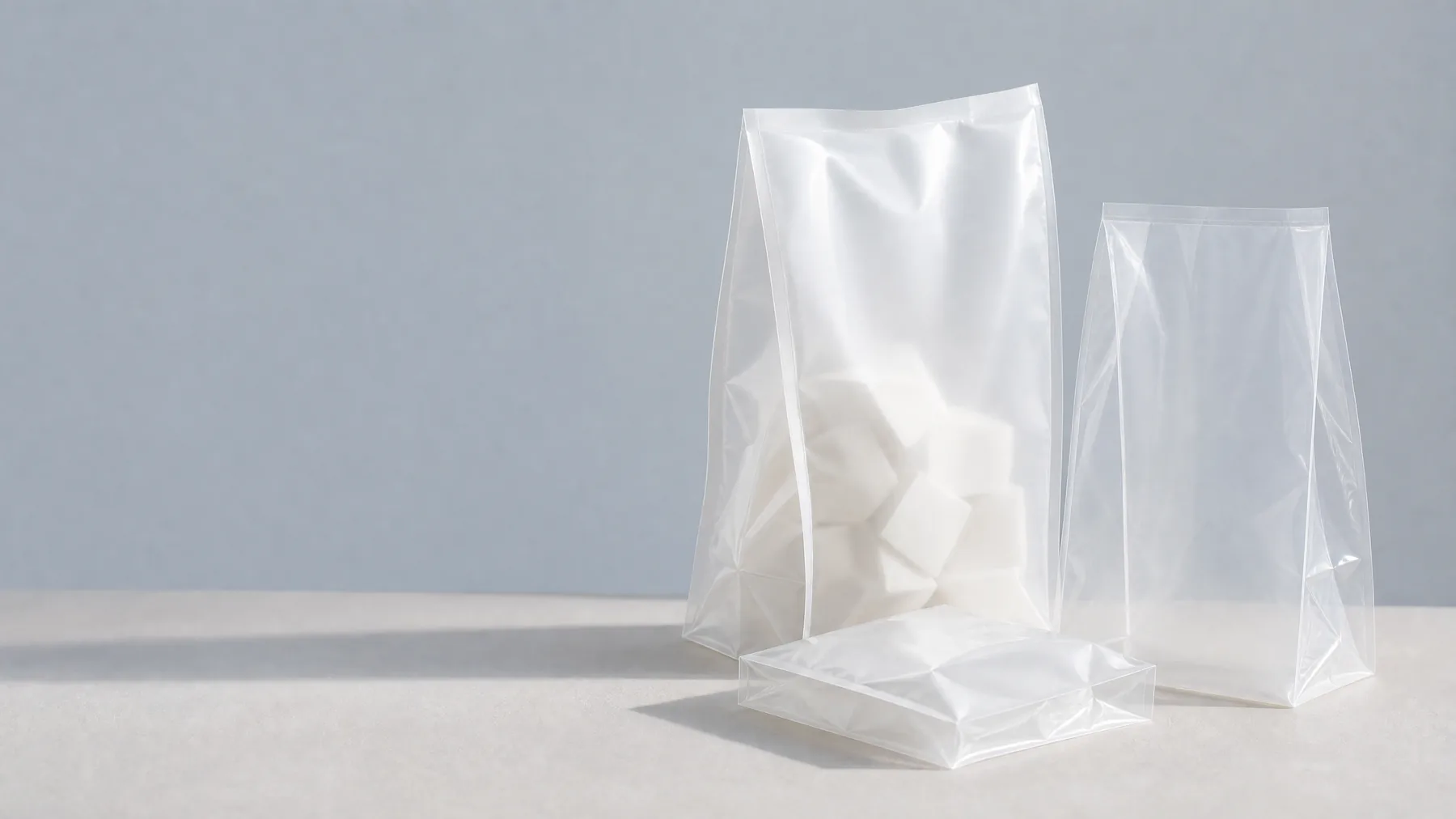 Unbranded gusseted translucent bags showing expandable side profiles in a clean studio setting